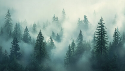 tranquil desktop background of a dense forest covered in morning mist. Tall trees rise through the fog, their outlines blurred by the haze. The color palette is muted, with soft greens, grays, an