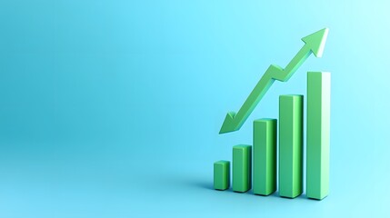 Green bar graph with upward arrow on blue background symbolizing growth, progress, and financial success. Ideal for business presentations.