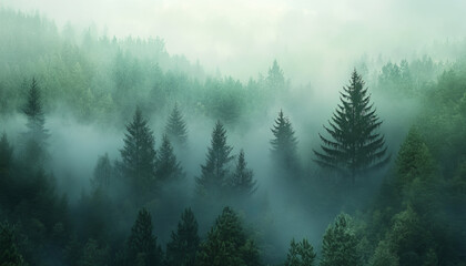 tranquil desktop background of a dense forest covered in morning mist. Tall trees rise through the fog, their outlines blurred by the haze. The color palette is muted, with soft greens, grays, an