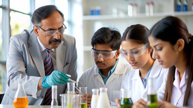 An Indian college professor overseeing a laboratory session or hands-on experiment.
