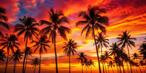 Naklejka premium Vibrant red sunset over tropical palm trees