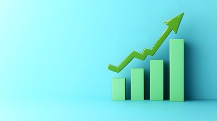 Green bar graph with upward arrow on blue background symbolizing growth, success, and positive business trends.