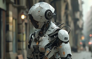 Fototapeta premium A robot stands on the street.