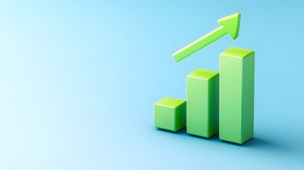 Green bar graph with upward arrow on blue background symbolizing growth, success, and business progress.