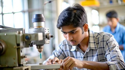 An Indian student engaged in vocational training or technical education, demonstrating skill-building activities.
