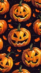 Halloween Pumpkins background wallpaper design. Drawing in grunge style art. Generative Ai