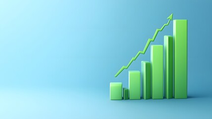 Green bar graph with upward trending arrow on blue background representing growth, success, and positive business progress.