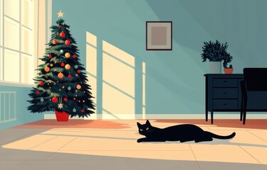 Obraz premium Black cat is lying on the floor in front of a blank wall, sunlight is falling on it through the window. Christmas tree , with decorations. room has light blue walls and a beige floor. vector graphics
