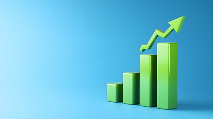 Green growing bar chart with upward arrow on blue background, representing business growth, progress, and success.