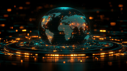 A glowing sphere with a globe on top of it. The sphere is surrounded by a glowing, colorful background