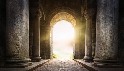 Naklejka premium Magic stone gate with light coming through pillars. Old arch. Mysterious portal to another world.