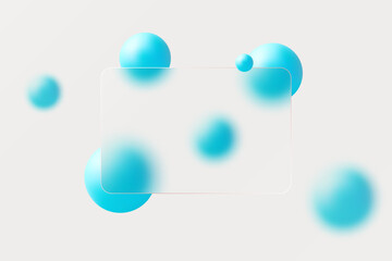 Glass morphism website landing page template. Frosted glass partition with floating blue spheres.