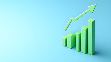 Green rising bar graph on blue background symbolizing business growth, success, and positive trend, ideal for financial and business concepts.