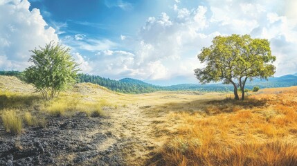 Obraz premium A landscape transforming from parched earth to vibrant greenery, illustrating the impact of environmental conservation.