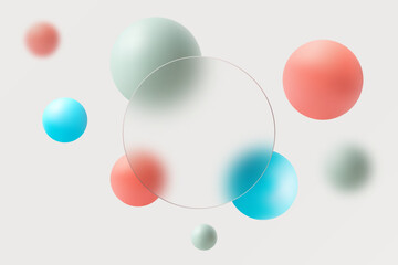 Abstract minimalistic background for presentation in glass morphism style. Round banner and colored spheres.