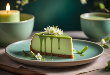  A slice of green tea cheesecake with a smooth, creamy texture and a light green color. The cake is garnished with small white flowers or petals, likely matcha or green tea flavored. 