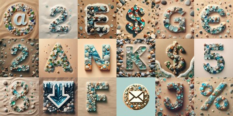 Sea pebbles on the sand background Lettering Typeface. AI generated illustration