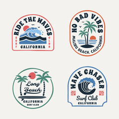 Obraz premium A set of retro-style surf club vector badges featuring ocean waves, palm trees, and sunsets. Perfect for t-shirt designs, logos, and coastal branding, evoking the California surf culture.