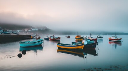 Fototapeta premium Quiet Harbor at Dawn with Colorful Fishing Boats Bobbing on the Water and Mist Rising from the Sea. AI generated illustration