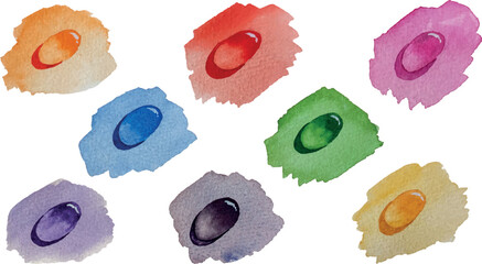 Vector set of colored dew drops, watercolor illustration, isolated on white background, for design backgrounds