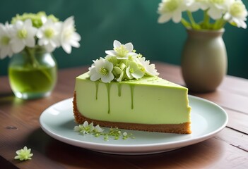 sketch lines, A slice of green tea cheesecake with a smooth, creamy texture and a light green color. The cake is garnished with small white flowers or petals, likely matcha or green tea flavored. 