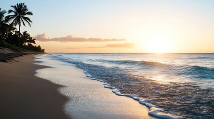Secluded Beach at Sunset with Golden Light Casting Over the Waves and Palm Trees Lining the Shore. AI generated illustration