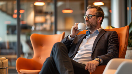 a businessman taking a brief break in a modern office lounge area, sipping coffee while seated in a comfortable chair. The environment is relaxed yet stylish, with soft lighting 