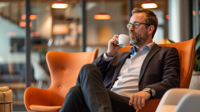a businessman taking a brief break in a modern office lounge area, sipping coffee while seated in a comfortable chair. The environment is relaxed yet stylish, with soft lighting 
