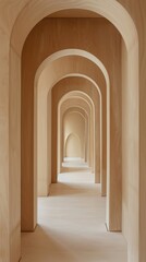 A corridor lined with smooth wooden arches invites light, enhancing the serene and spacious atmosphere