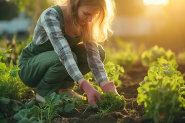 A woman is seen tending to her garden, her hands gently working the soil and tending to the plants.