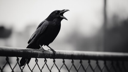A Black Raven Perched on a Fence
