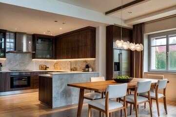 Home kitchen interior with dinner table and cooking cabinet. Panoramic window