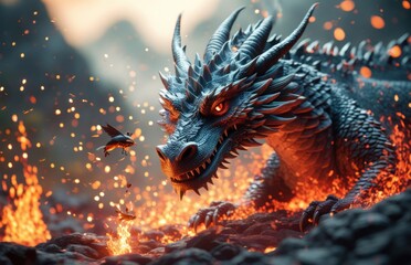 Dragon breathing fire with a bird flying nearby