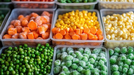 A variety of frozen vegetables, including peas, corn, and carrots, in colorful packaging, displayed in a freezer.