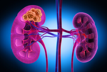 Medically 3D illustration showing a tumor in right kidney, x-ray style