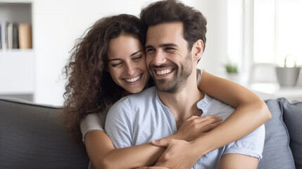 Fototapeta premium Portrait of a happy couple hugging and smiling at home, sitting on the couch in the living room. 