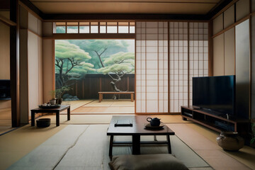 Japanese Minimalist Living Room with Scenic View
