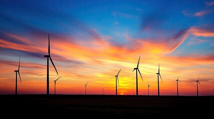 Obraz premium Wind turbines silhouetted by a brilliant sunset, creating a striking contrast between technology and nature.