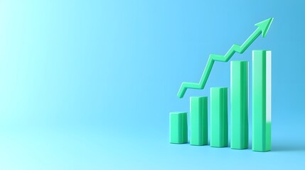 Growth chart showing increasing trend with green bars and arrow on blue background. Ideal for business, finance, and data analysis themes.