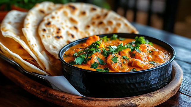 A bowl of Indian butter chicken with a side of naan bread. The dish is garnished with fresh cilantro.  AI generated