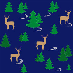 Colorful deer and trees chaotic on blue pattern