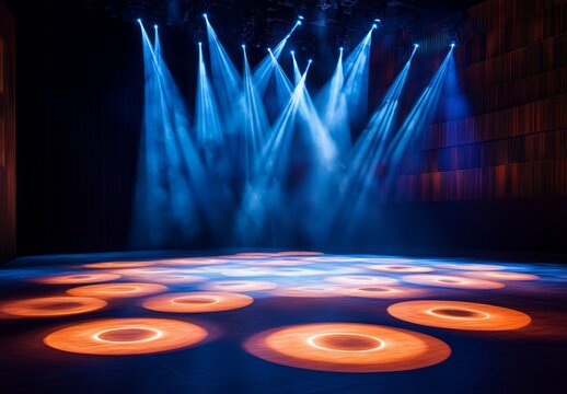 A rotating spotlight casting moving circles of light on the stage floor, adding a sense of motion and energy to the empty theater