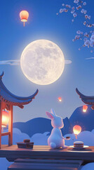 A full round moon rises in the night sky, a little rabbit sits on a rooftop, gazing at the moon. There are a few floating lantern in the sky, mooncakes. chinese mid-autumn festival, poster