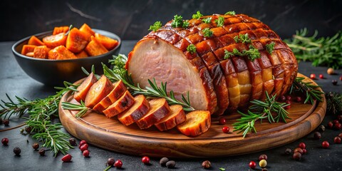 Appetizing glazed carved roast ham and sweet potato arrangement adorned with fresh herbs and aromatic spices on a dark background, evoking a festive holiday atmosphere.