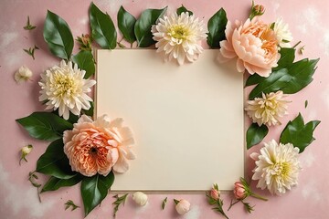 Blank Card with Flowers Surrounding it on Pink Background