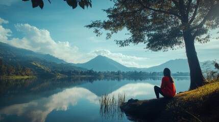 Girl sitting under a tree by the lake, AI generated Image