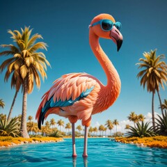 A flamingo with vibrant orange and pink feathers stands confidently on a rock by a bright blue river. 