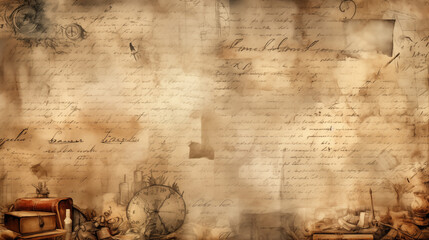 Obraz premium Old Parchment Background With Handwritten Text And Antique Clocks In Sepia Tones