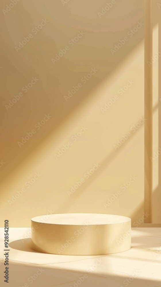 Poster a round podium rests in a softly lit room, showcasing minimalistic design ideal for product presenta