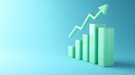 Rising bar chart with upward arrow on a blue background, depicting business growth and financial success.